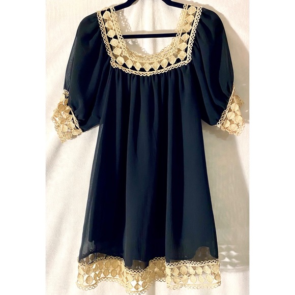 biz princess black sheer blouse with gold lace trim / size medium - Picture 3 of 5
